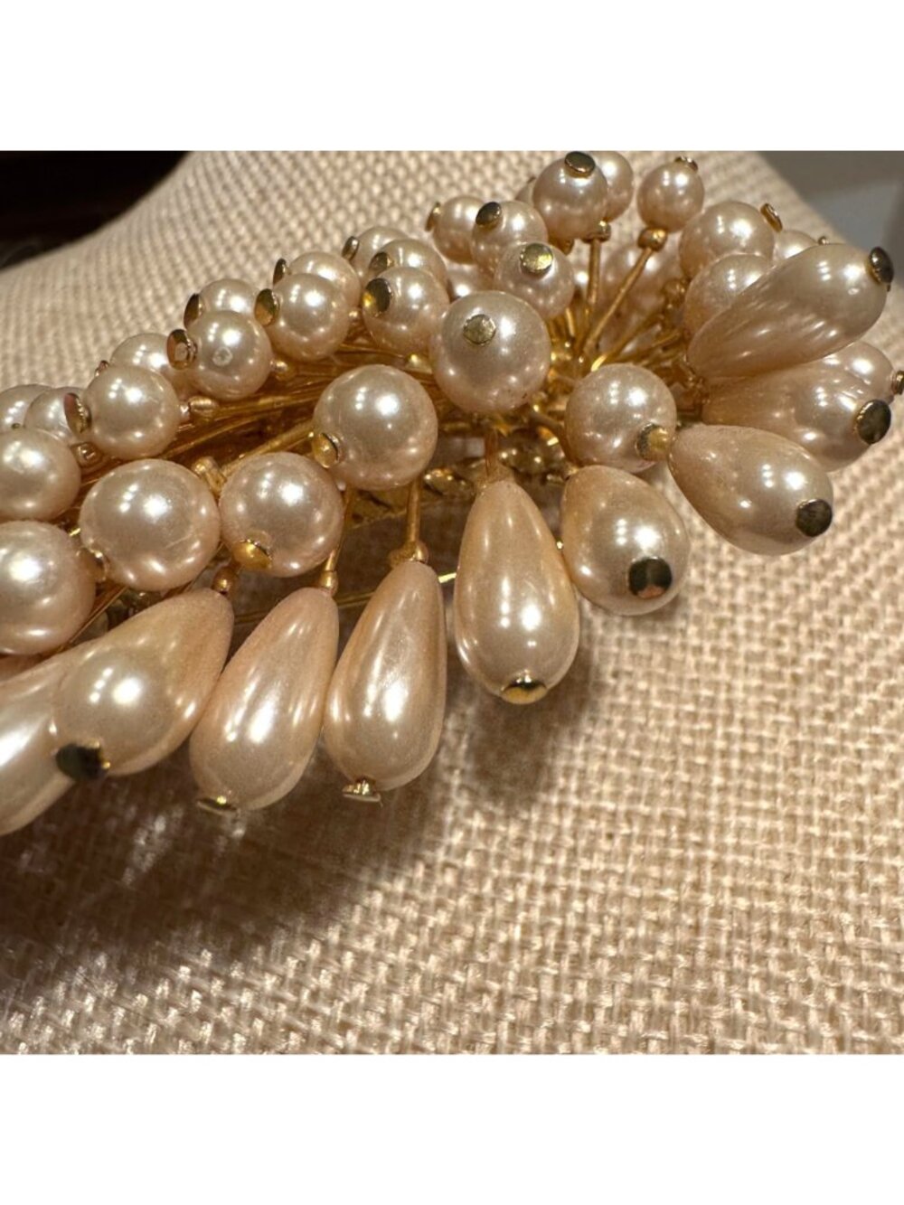 Vintage Pearl Cluster Leaf Brooch 4” Creamy Faux Pearl Large Pin Gold Tone - Picture 4 of 11
